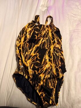 Speedo Black and Yellow Flame Print One-Piece Swimsuit